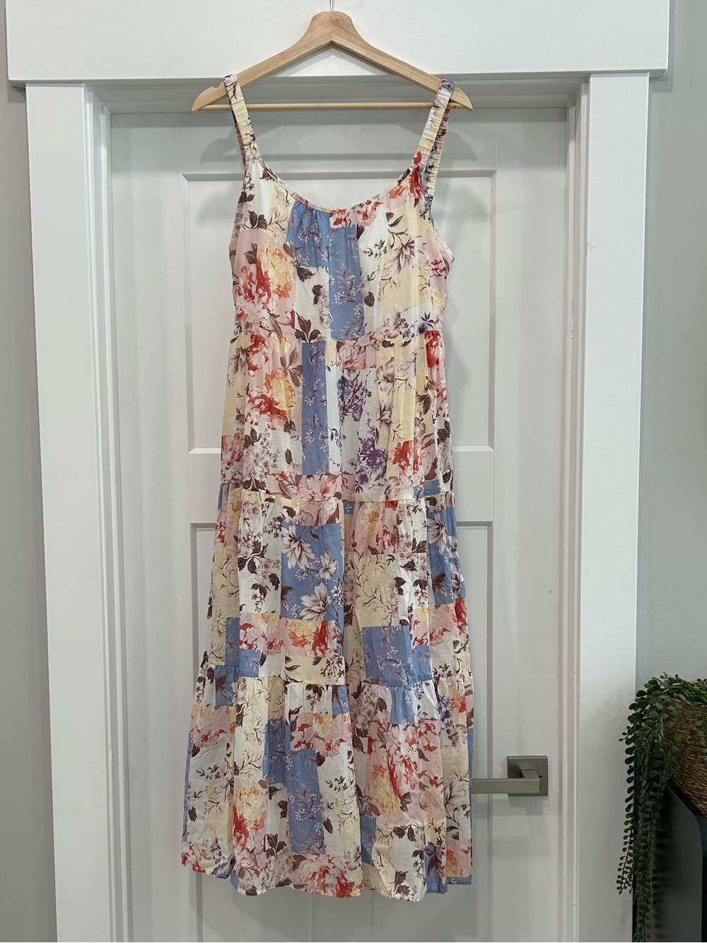 Floral Patchwork Tiered Sundress - Pastel Blue & Cream